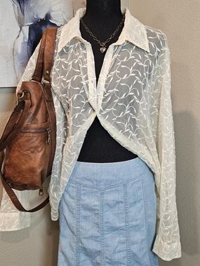 Ralph Lauren Sheer Cream Embroidered Long-Sleeve Blouse 3XL
